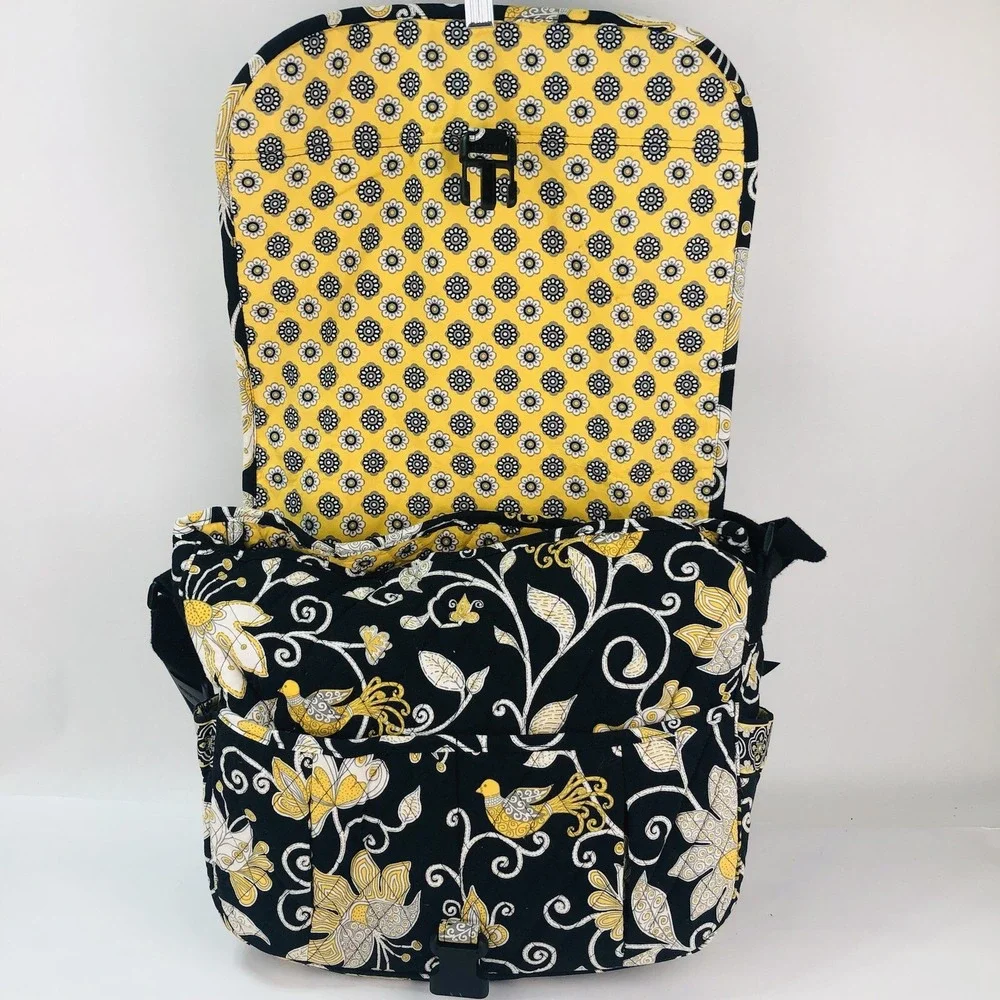 Vera Bradley Messenger Laptop Computer Bag Purse Tote Retired Black Yellow Bird